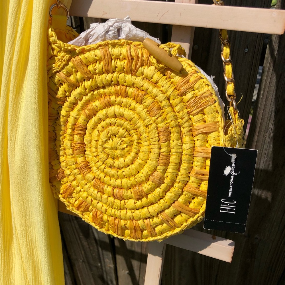 Inc Straw Circle Crossbody Yellow Bag Purse